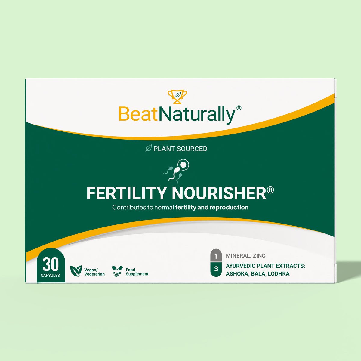 Fertility Nourisher supplement packaging with 'Beat Naturally' branding on a light green background