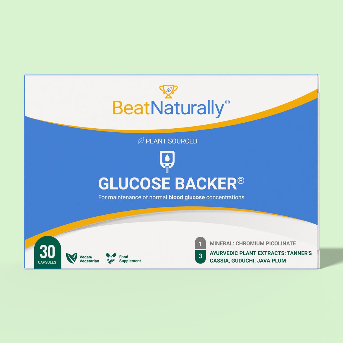 Box of Glucose Backer supplement with 'Beat Naturally' branding on a light green background