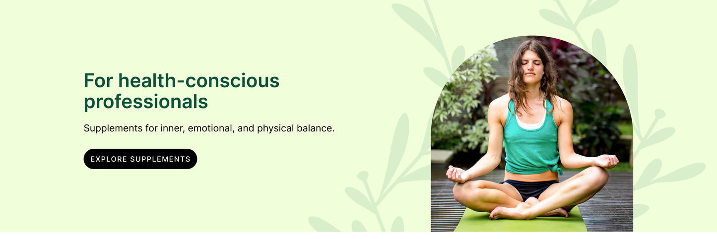 Woman in green tank top sitting in a yoga pose with text about health-conscious professionals and supplements on a light green background.
