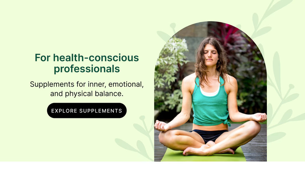 Woman in green tank top meditating with text about health-conscious professionals and supplements.