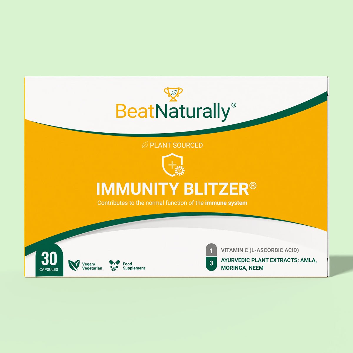 Box of Immunity Blitzer supplement with 'Beat Naturally' branding on a light green background