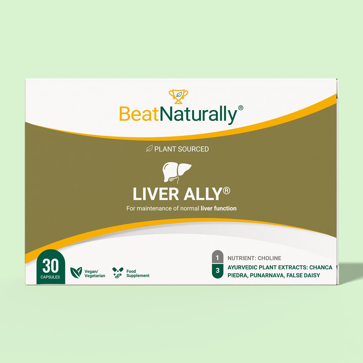 Box of Liver Ally supplement with Beat Naturally branding on a light green background