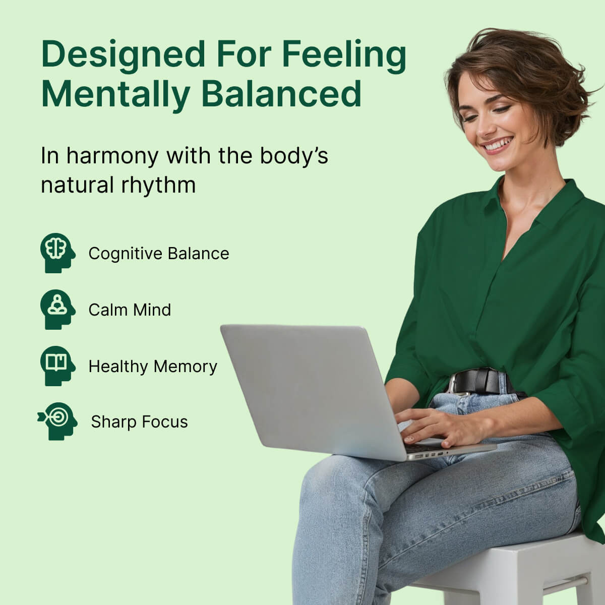 
                  
                    Woman using a laptop with text about mental balance and product features on a green background
                  
                