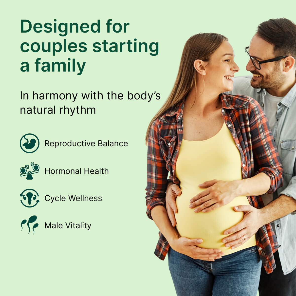 Pregnant woman with partner on a light green background with text about reproductive health.