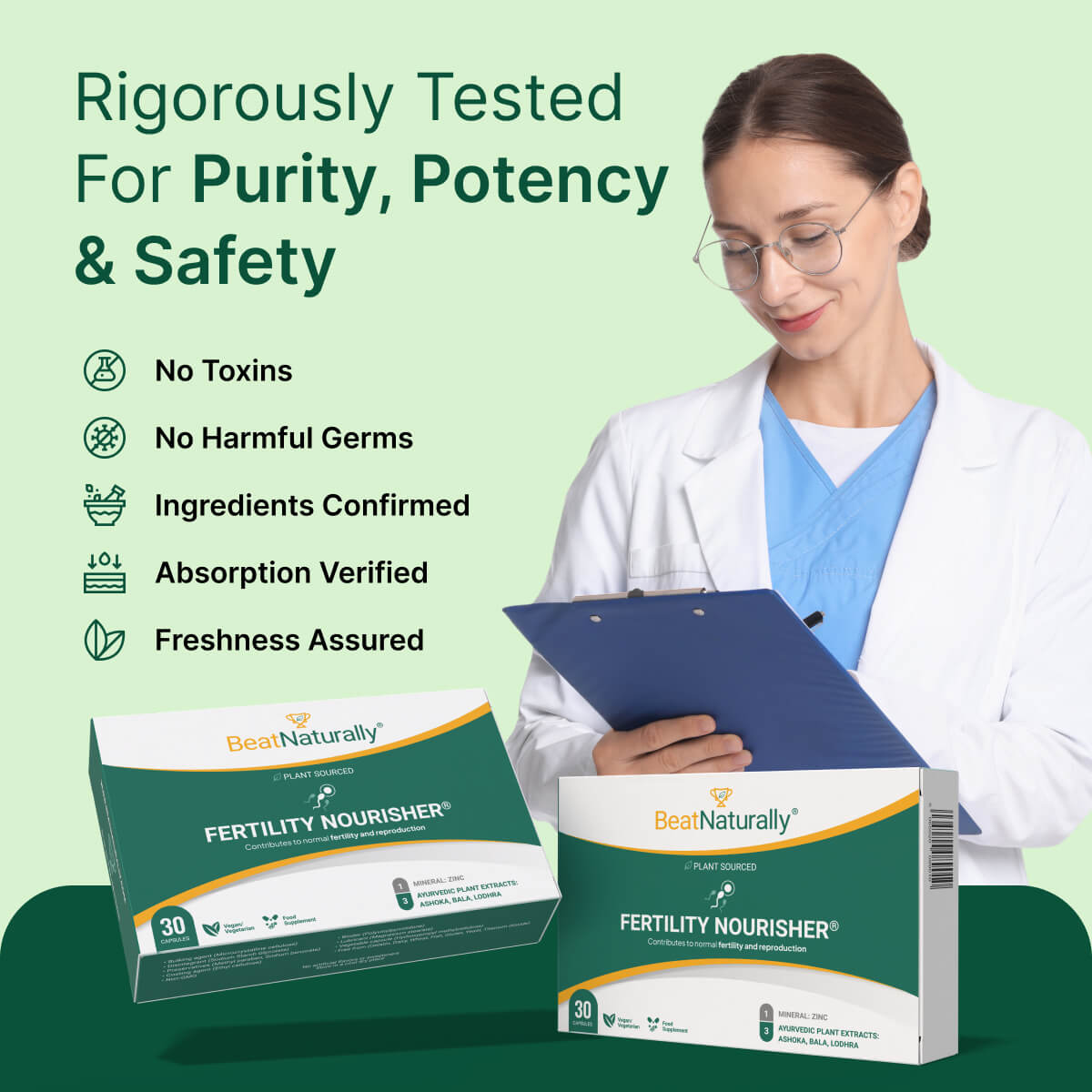 
                  
                    Woman in a lab coat holding a clipboard with 'Best Naturally' fertility nourisher boxes on a green background.
                  
                