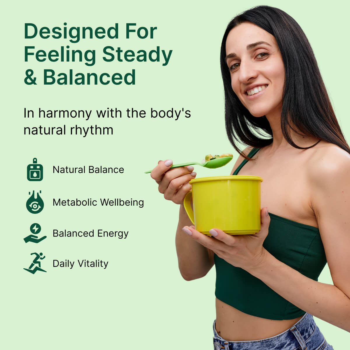 Woman holding a yellow mug and green spoon with text about natural balance and wellbeing on a light green background