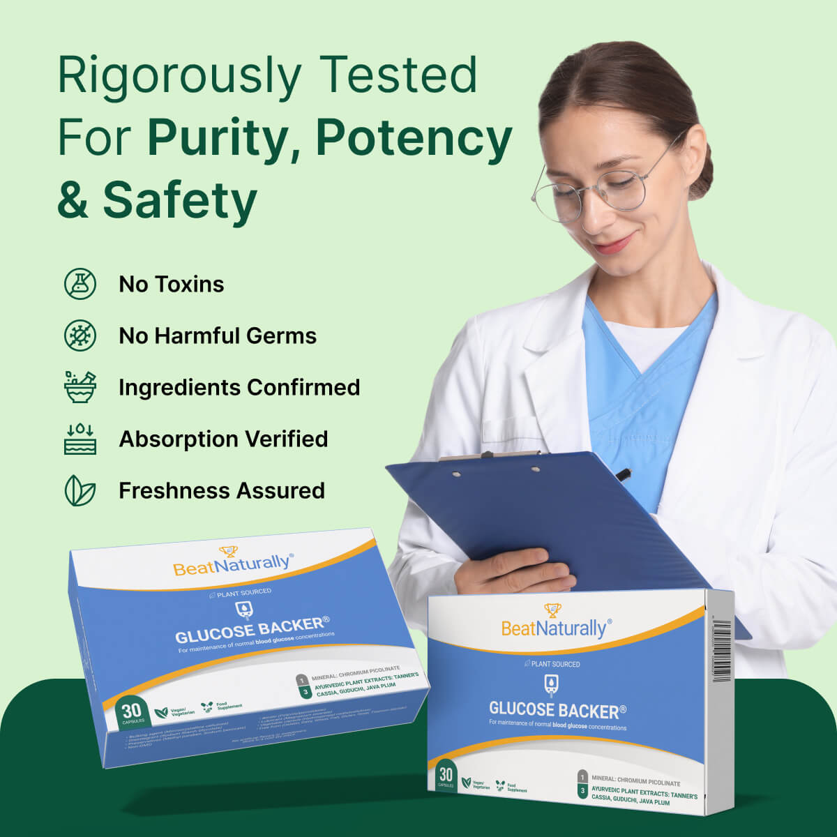 
                  
                    Woman in a lab coat holding a clipboard with 'Best Naturally' glucose backer boxes on a green background.
                  
                