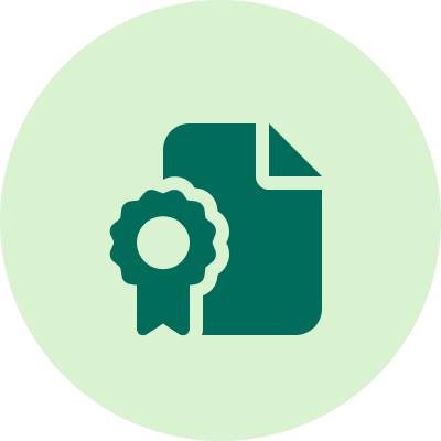 Icon of a document with a badge on a green circle