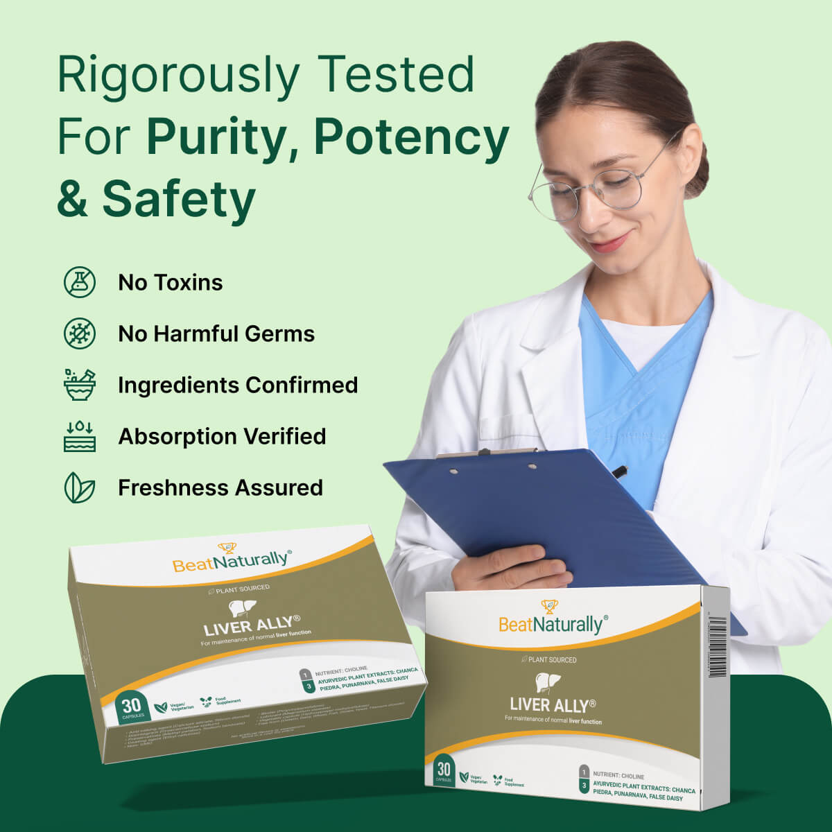 
                  
                    Woman in a lab coat holding a clipboard with 'Best Naturally' product packaging on a green background
                  
                