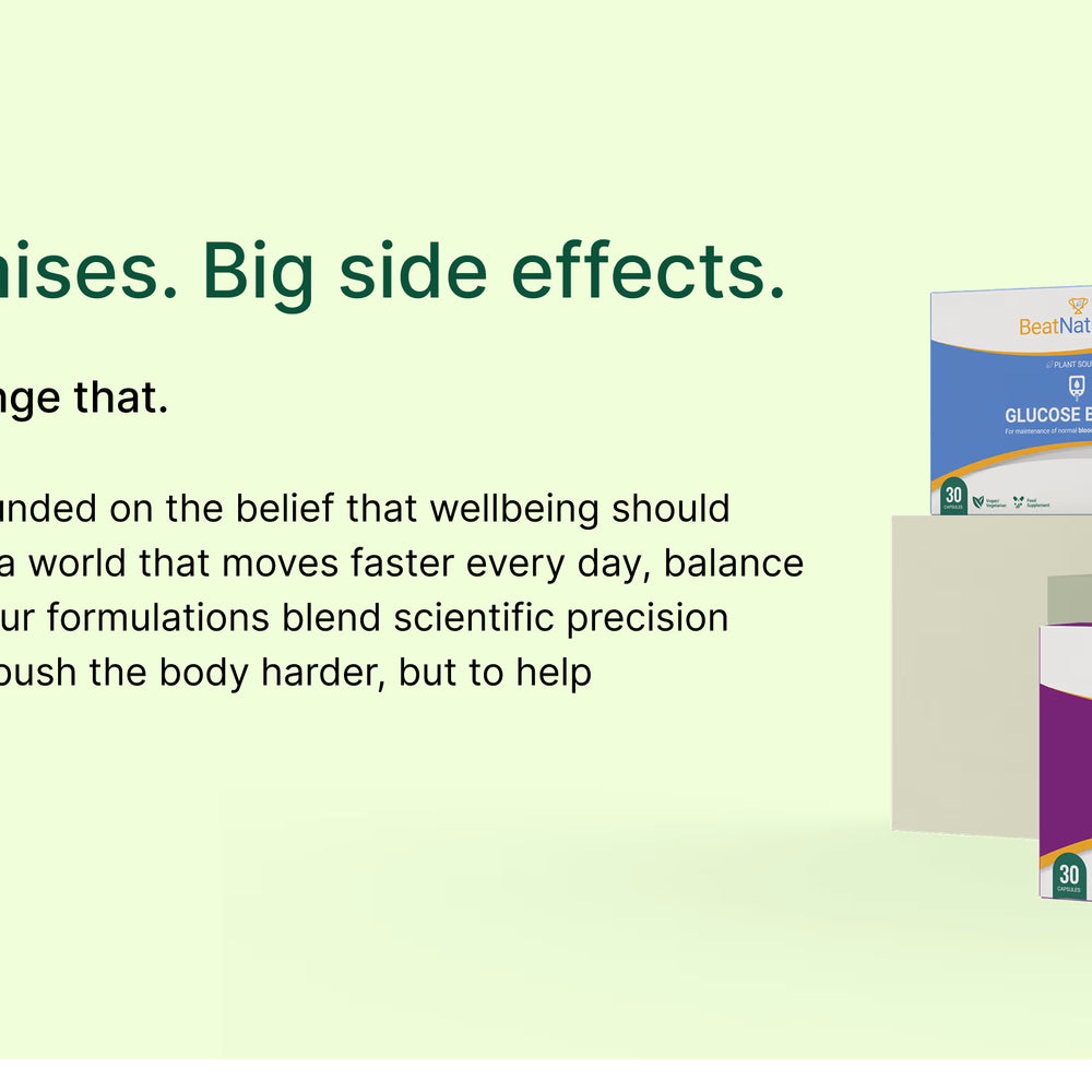 BeatNaturally product packaging on a light green background with text about brand story.