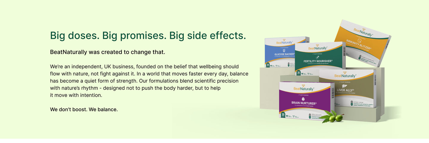 BeatNaturally product packaging on a light green background with text about brand story.