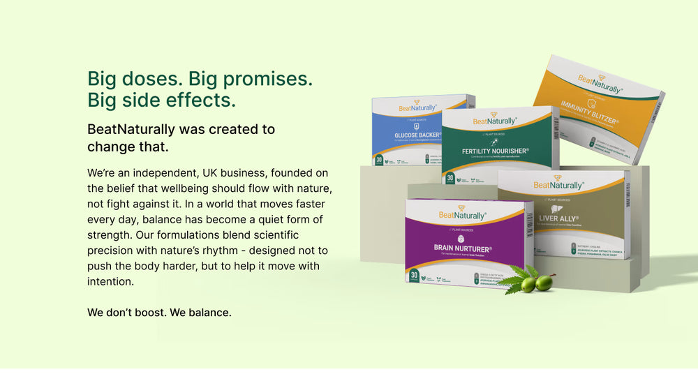 BeatNaturally product packaging on a light green background with text about their brand story.