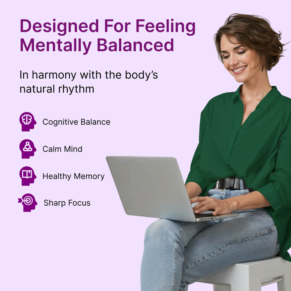 
                  
                    Woman using a laptop with text about BeatNaturally's Brain Nurturer descriptors - cognitive balance, calm mind, healthy memory, sharp focus.
                  
                