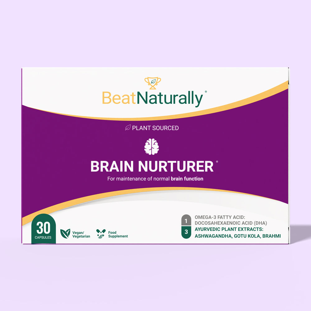 Box of Brain Nurturer supplement with 'Beat Naturally' branding on a light purple background