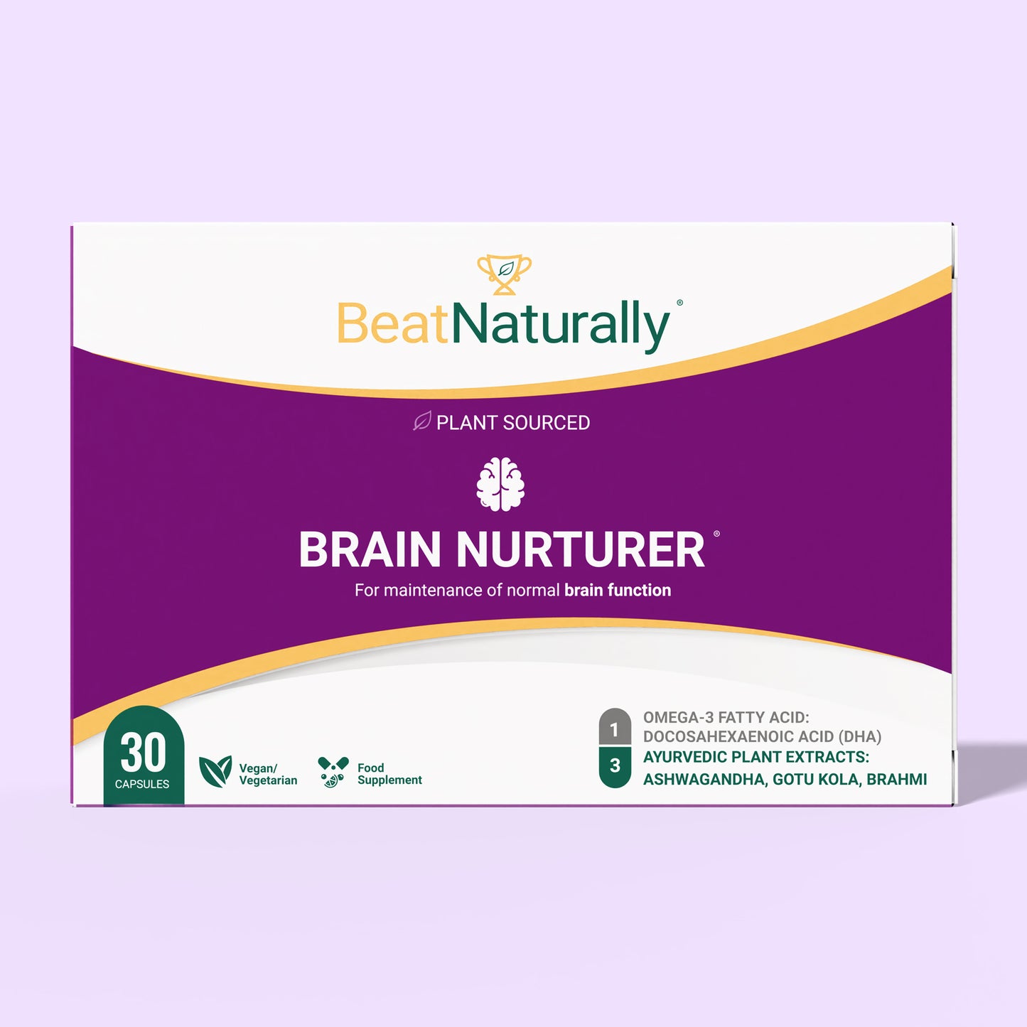 Box of Brain Nurturer supplement with 'Beat Naturally' branding on a light purple background