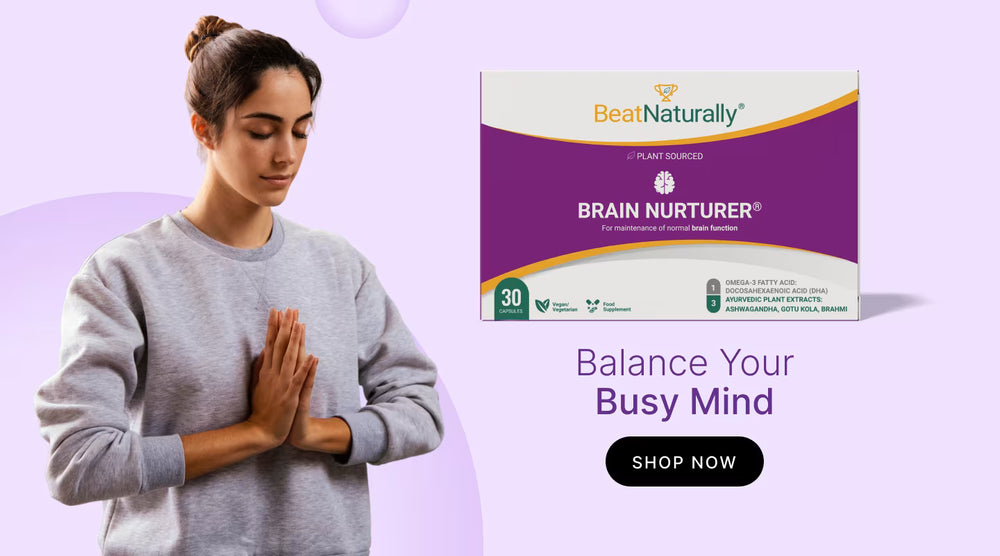 BeatNaturally Brain Nurturer supplement promotion — Balance Your Mind, mobile banner with woman in gray sweater on purple background.