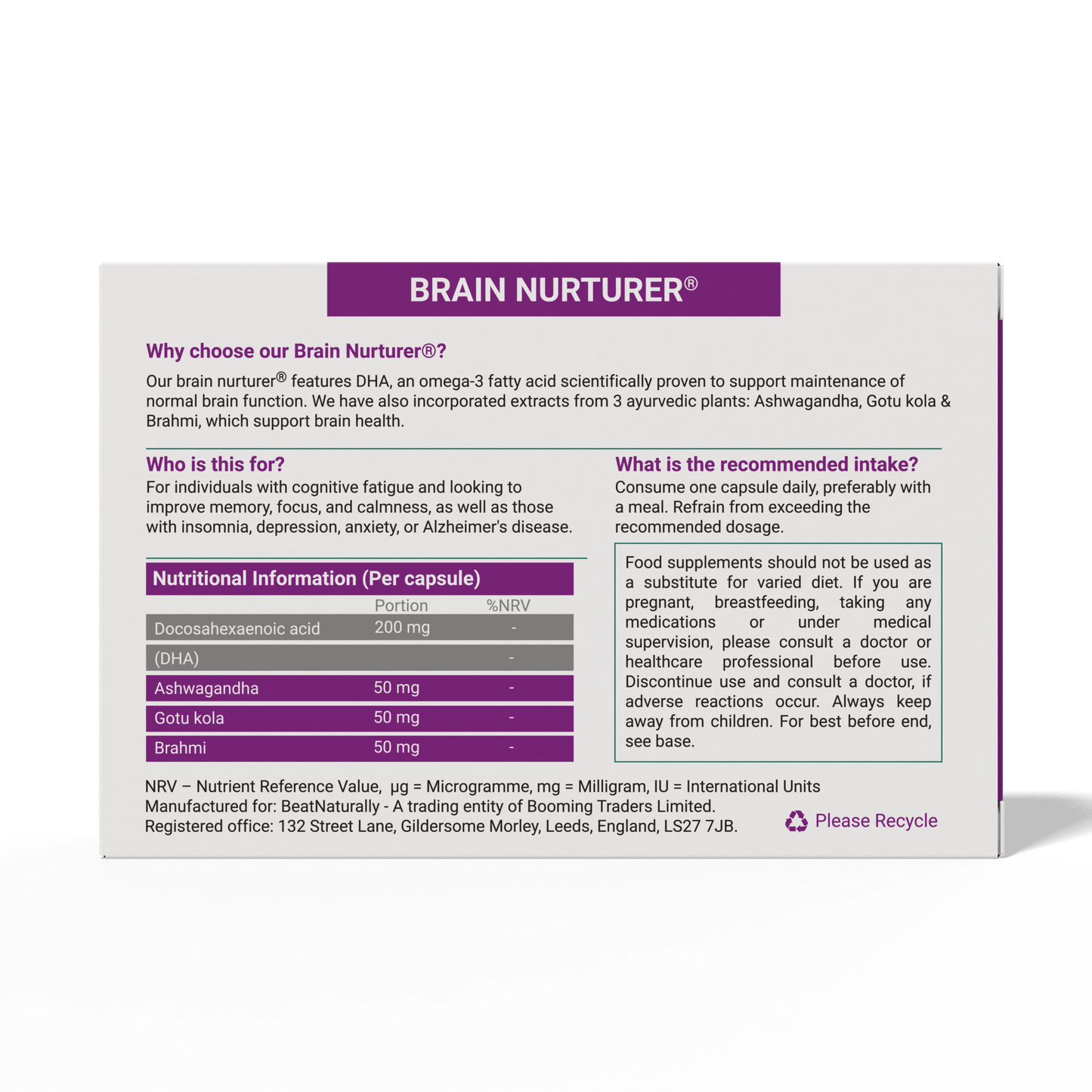 
                  
                    Brain Nurturer supplement packaging - backside with nutritional information.
                  
                