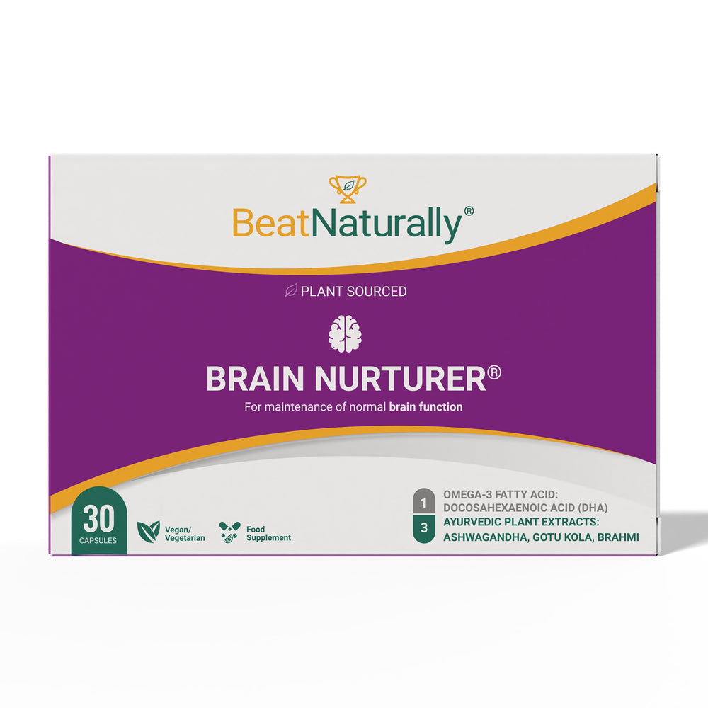 Front side of BeatNaturally's Brain Nurturer - a brain supplement to help reduce cortisol and support memory, focus and stress relief.
