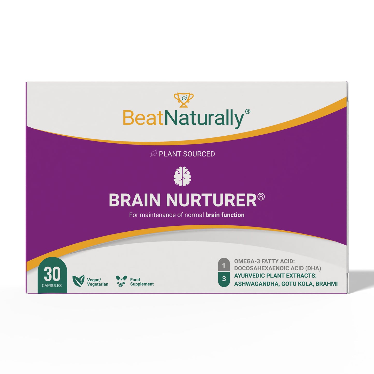 
                  
                    Front side of BeatNaturally's Brain Nurturer - a brain supplement to help reduce cortisol and support memory, focus and stress relief.
                  
                