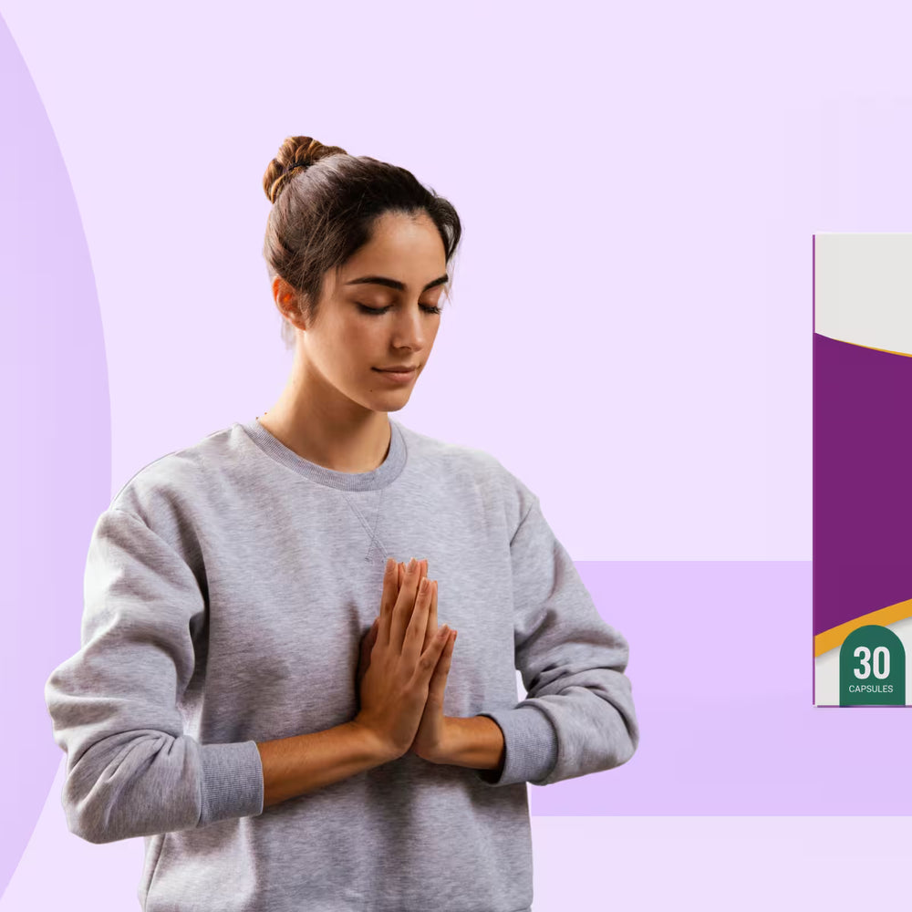 BeatNaturally Brain Nurturer supplement promotion — Balance Your Mind, with woman in gray sweater on purple background.