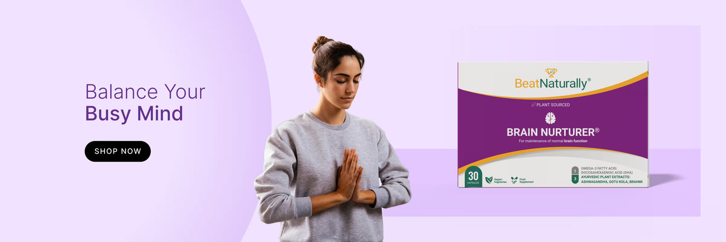 BeatNaturally Brain Nurturer supplement promotion — Balance Your Mind, with woman in gray sweater on purple background.