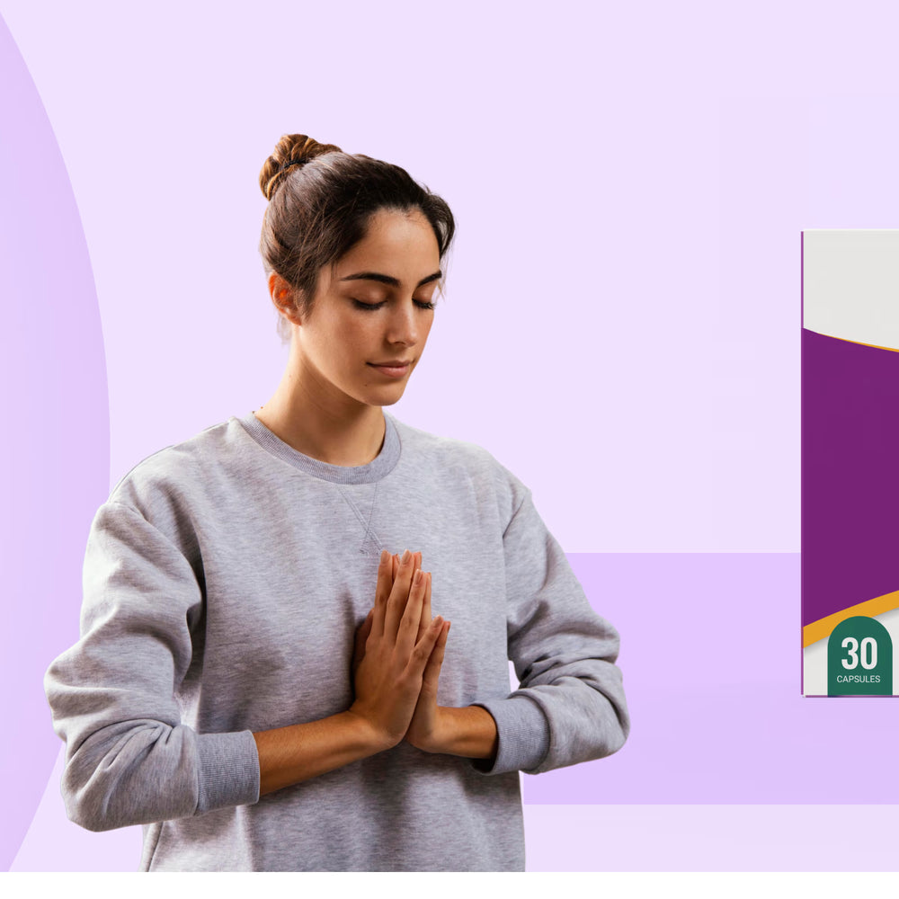 Woman with hands clasped next to a 'BeatNaturally' Brain Nurturer supplement box on a purple background
