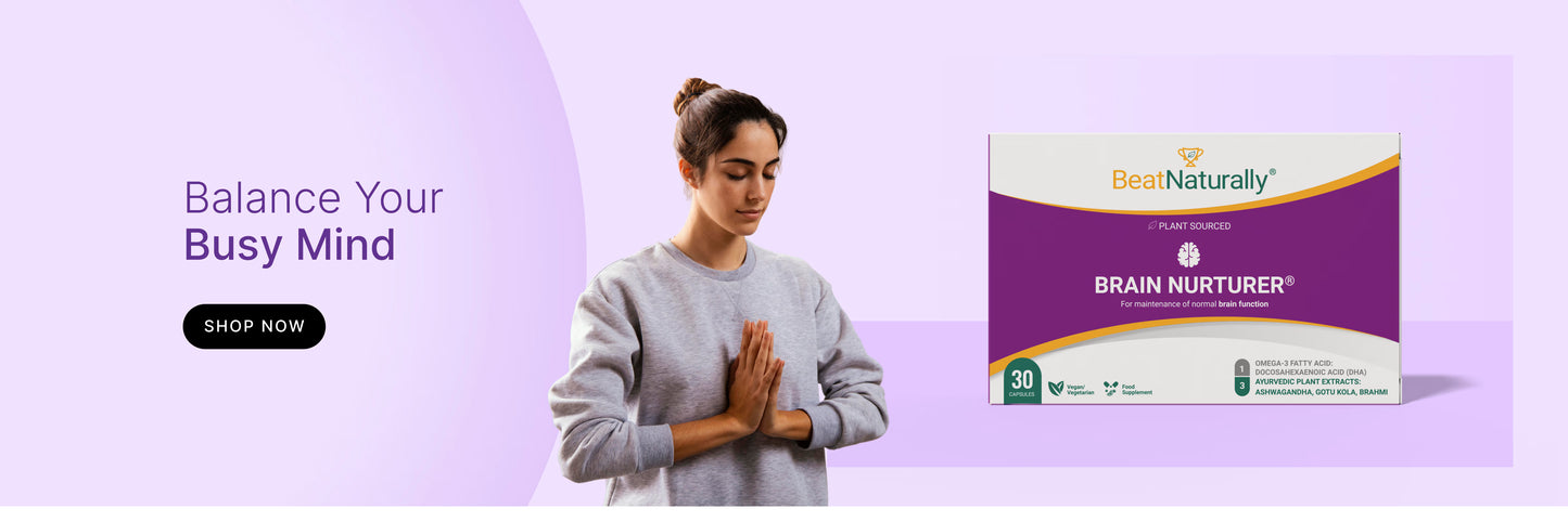 Woman with hands clasped next to a 'BeatNaturally' Brain Nurturer supplement box on a purple background