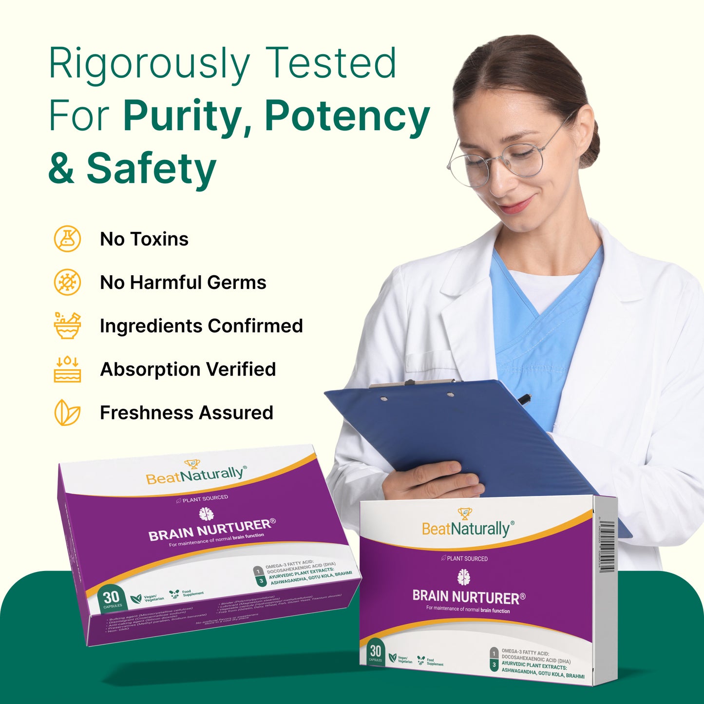 
                  
                    Woman in a lab coat holding a clipboard with 'Brain Nurturer' products displayed along with lab test details text.
                  
                