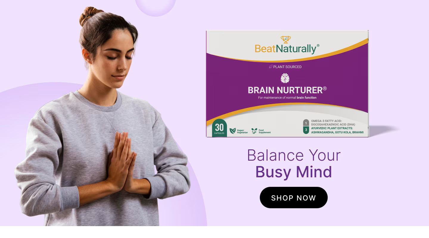 Woman meditating with a 'BeatNaturally' Brain Nurturer supplement box on a purple background