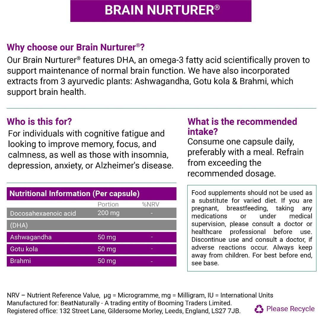 
                  
                    Brain Nurturer package backside - benefits, target users, recommended intake, nutrition and caution info.
                  
                
