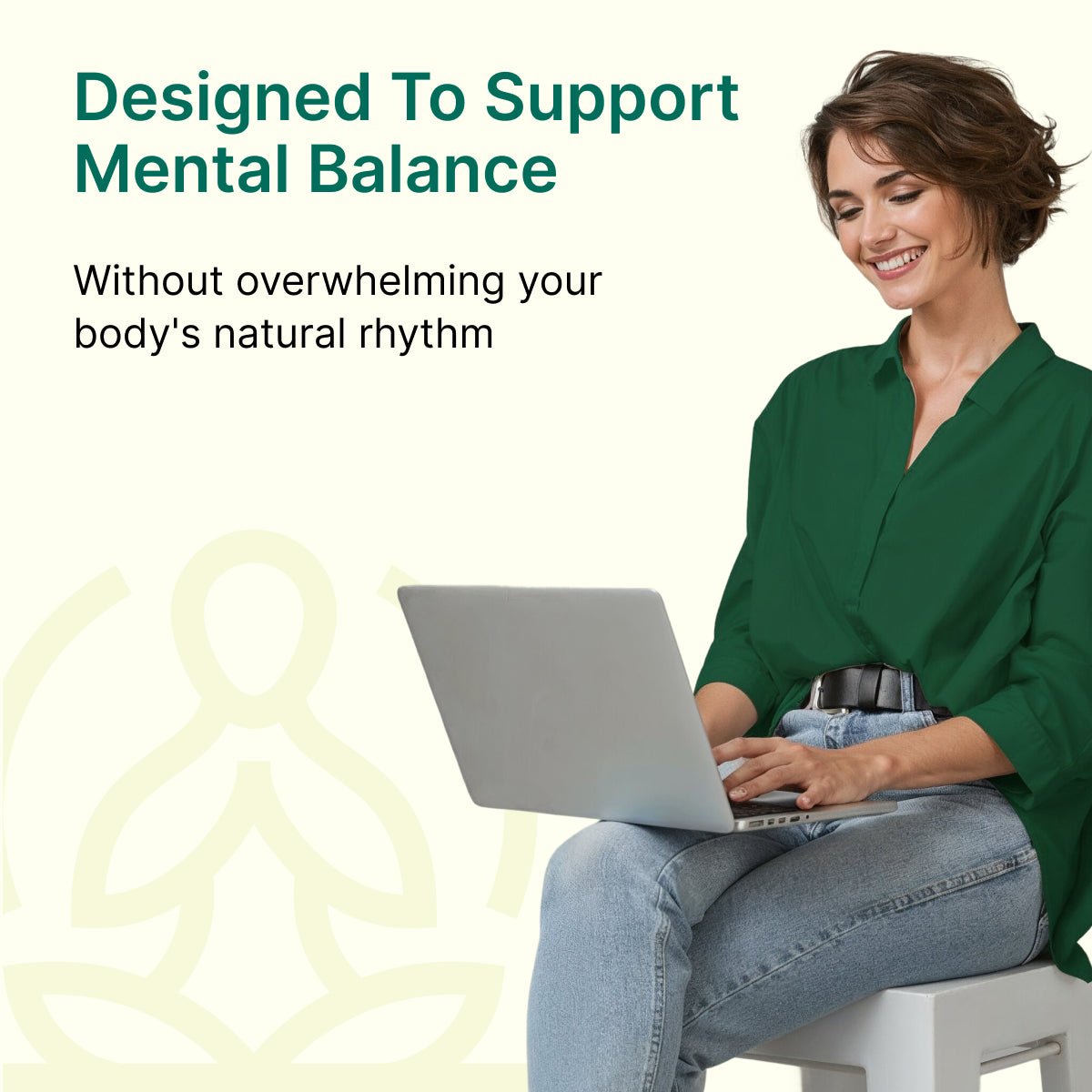
                  
                    Woman using a laptop with text about the purpose of BeatNaturally's Brain Nurturer.
                  
                