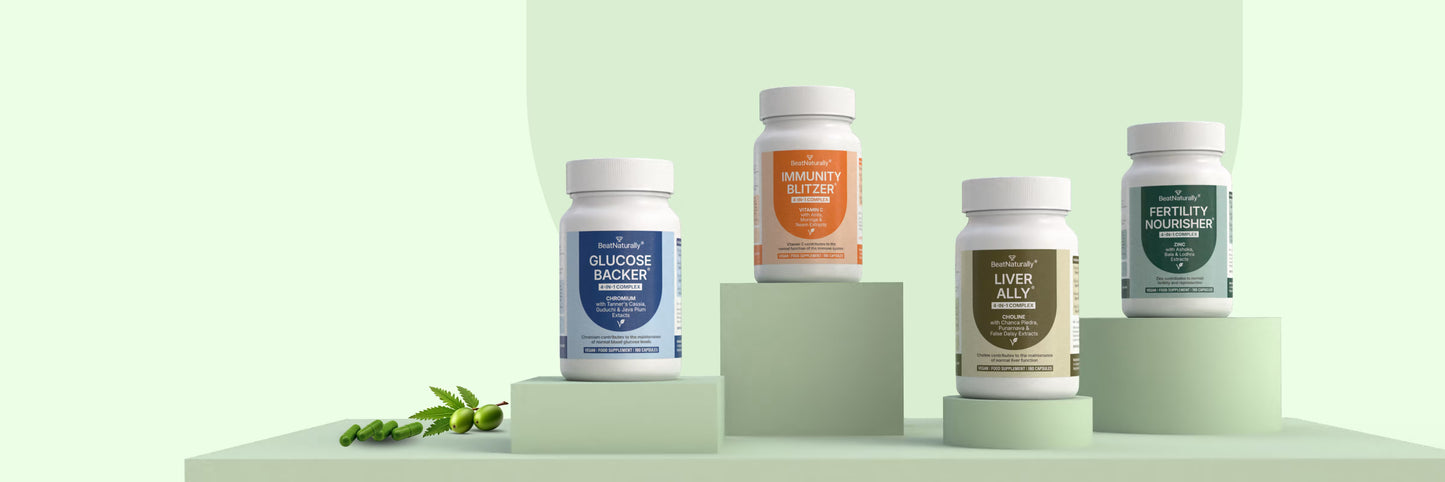 Four BeatNaturally supplement containers on a light green background