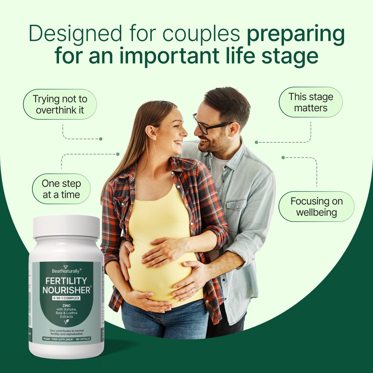 Fertility Nourisher supplement bottle with a couple embracing, text about preparing for an important life stage.