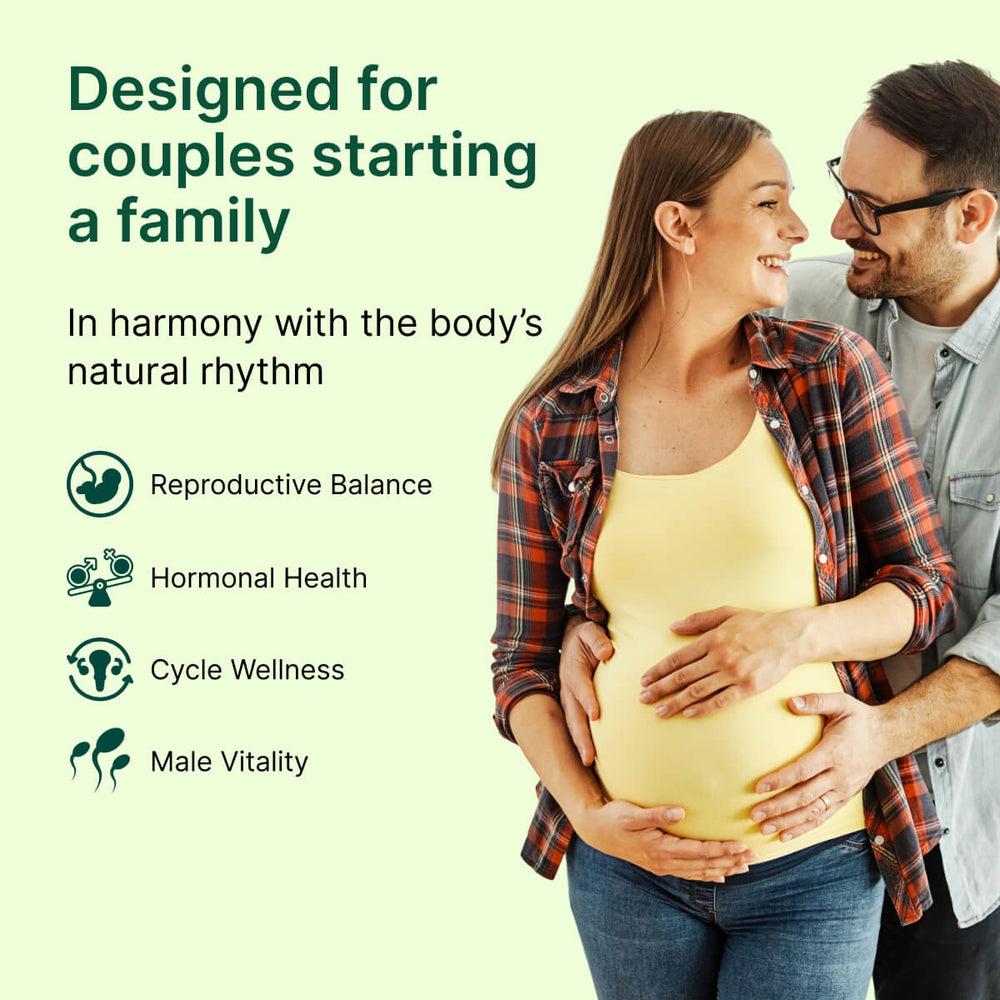 
                  
                    Pregnant woman with partner on a light green background with text about BeatNaturally's Fertility Nourisher descriptors - reproductive balance, hormonal health, cycle wellness and male vitality.
                  
                