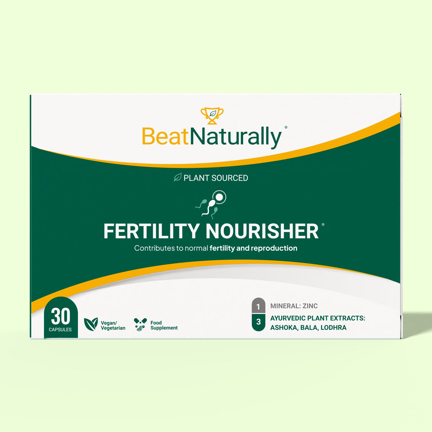 Box of BeatNaturally Fertility Nourisher on a light green background