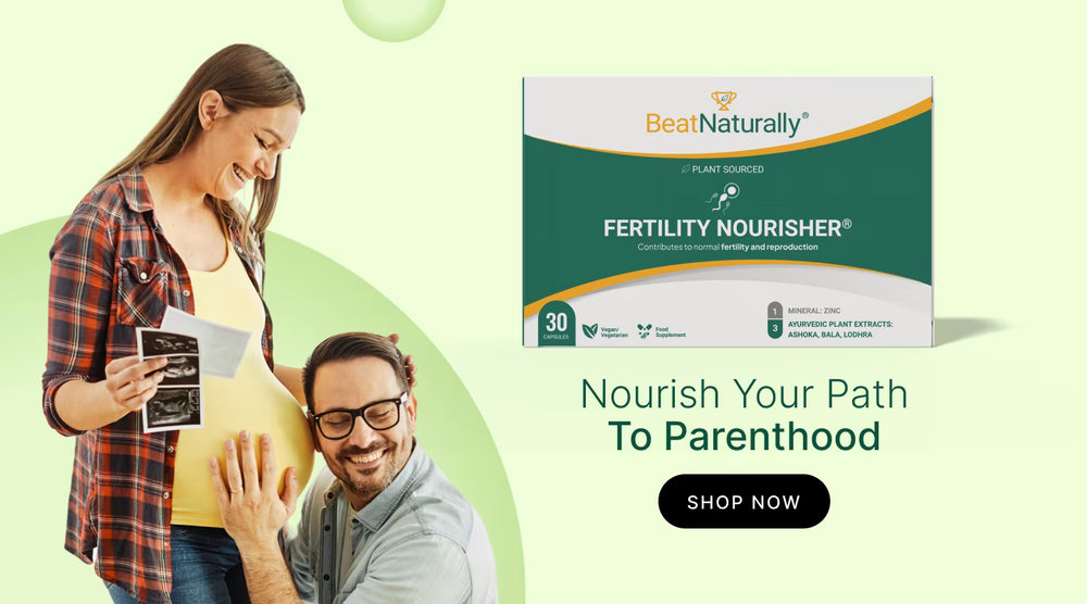 BeatNaturally Fertility Nourisher supplement promotion — mobile banner with couple and product packaging on green background.