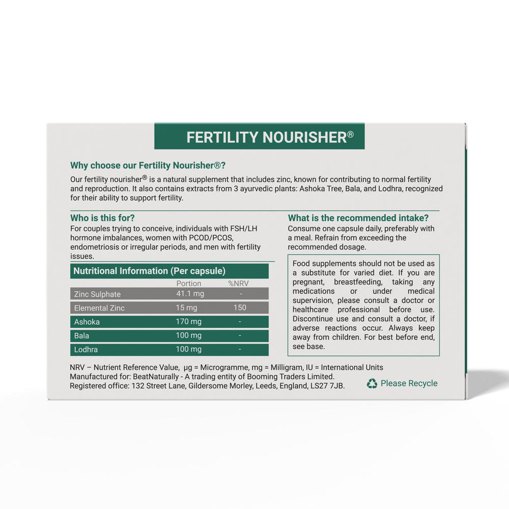 
                  
                    Fertility Nourisher supplement packaging backside with nutritional information on a white background
                  
                