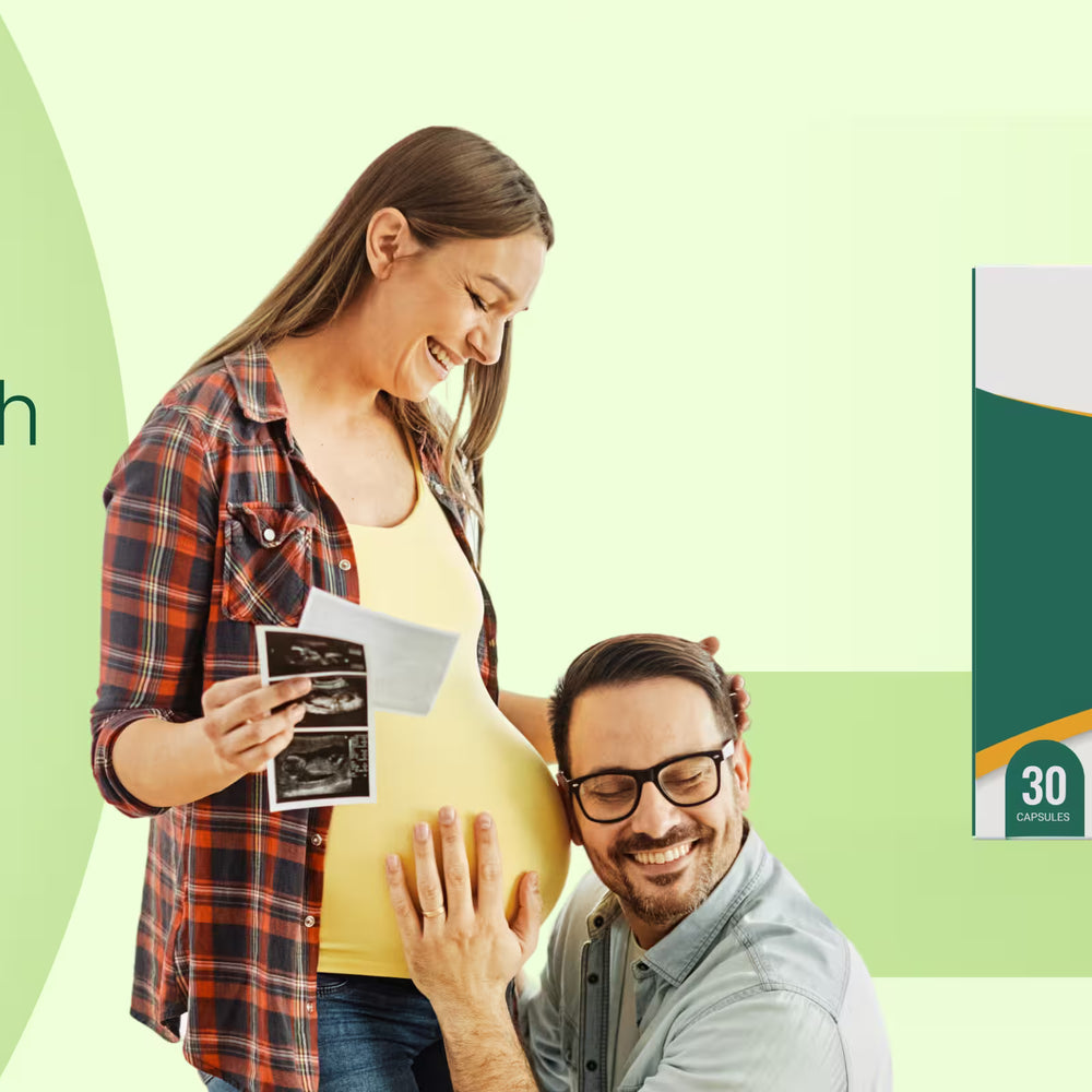 BeatNaturally Fertility Nourisher supplement promotion — with couple and product packaging on green background.