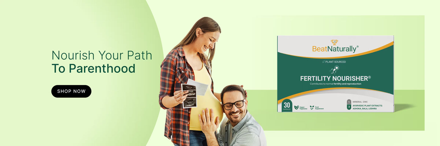 BeatNaturally Fertility Nourisher supplement promotion — with couple and product packaging on green background.