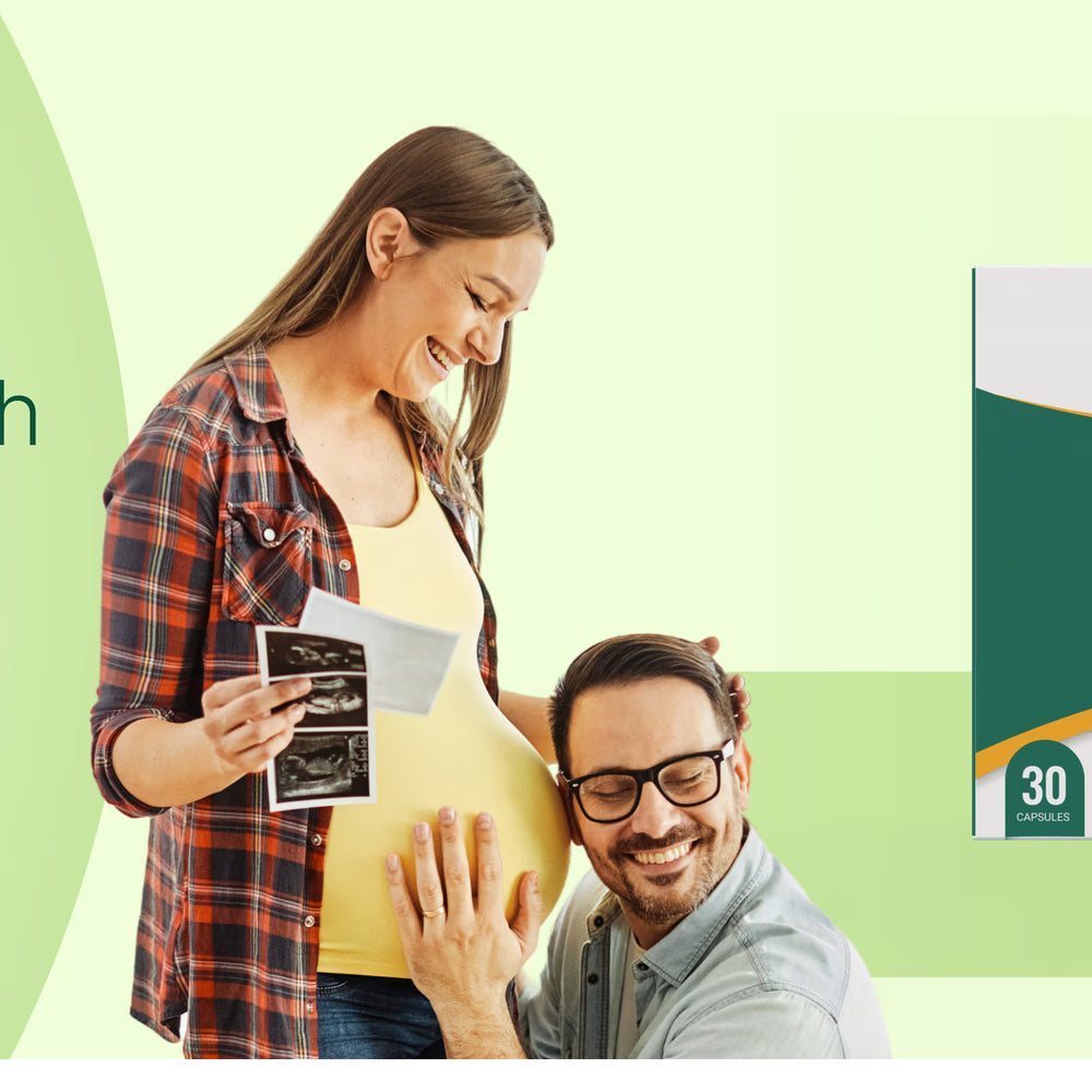 Promotional banner for a fertility supplement with a couple and product packaging.