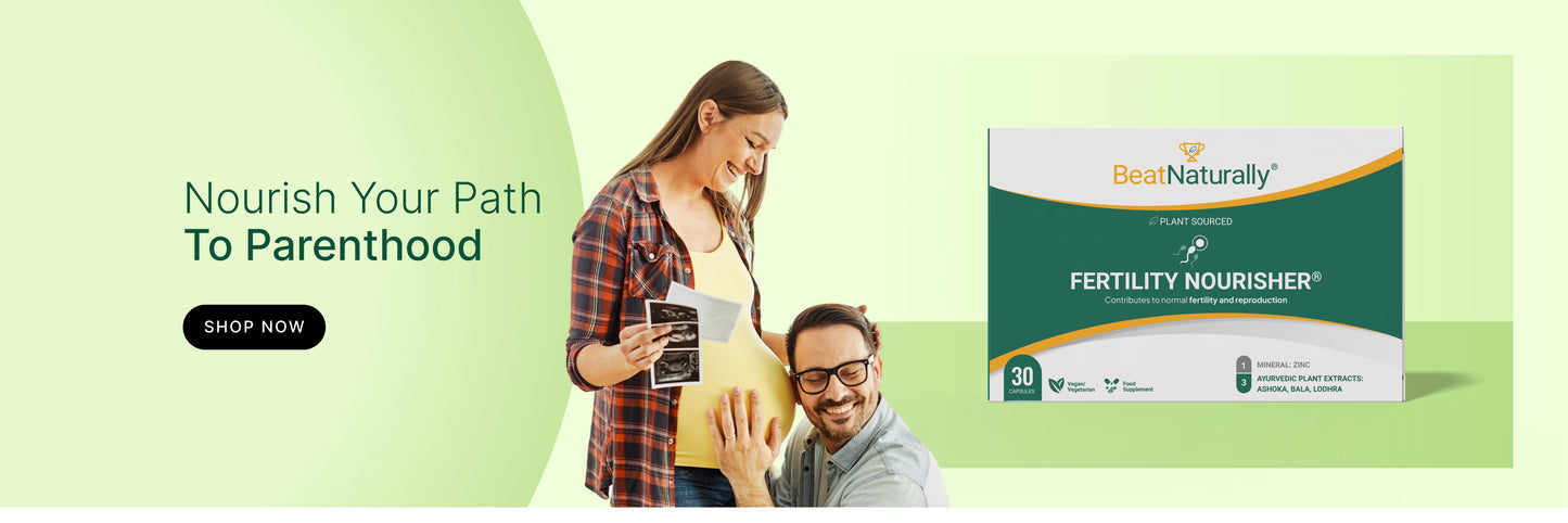 Promotional banner for a fertility supplement with a couple and product packaging.