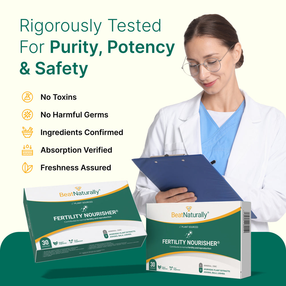 
                  
                    Woman in a lab coat with 'BeatNaturally' fertility nourisher boxes, emphasizing purity, potency, and safety.
                  
                