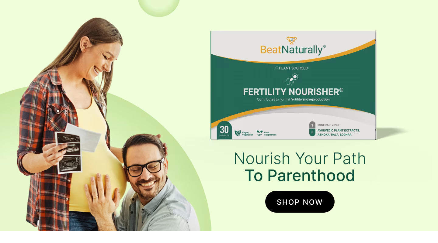 Promotional image of a pregnant woman and a man with a product box labeled 'Fertility Nourisher' on a light green background.