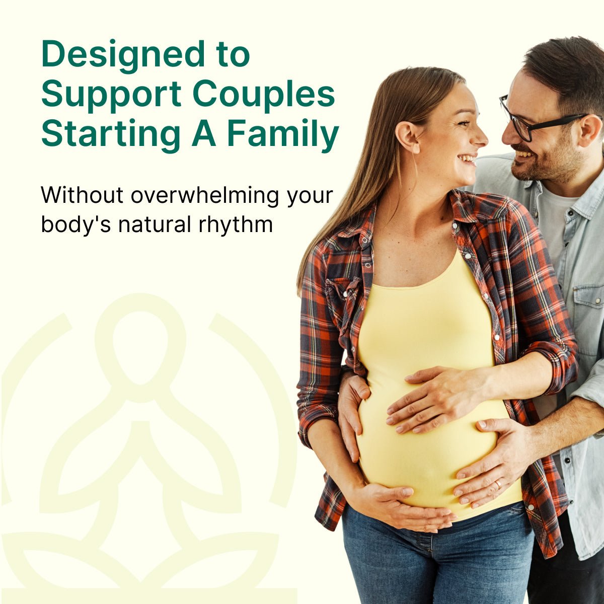 Pregnant woman with partner, text about the purpose of BeatNaturally's Fertility Nourisher