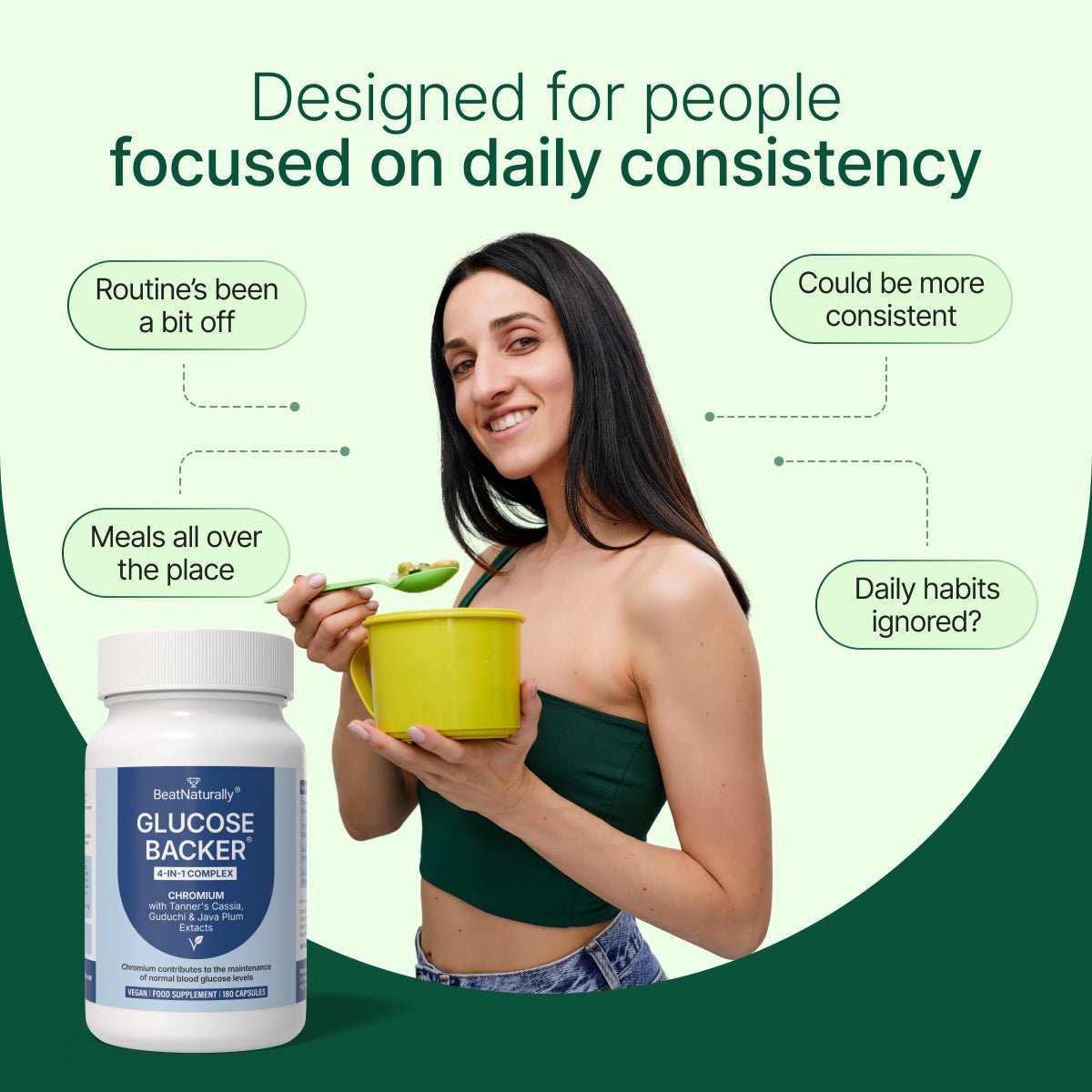 Woman holding a bowl with a Glucose Backer supplement bottle labeled 'Glucose Backer' on a green background.
