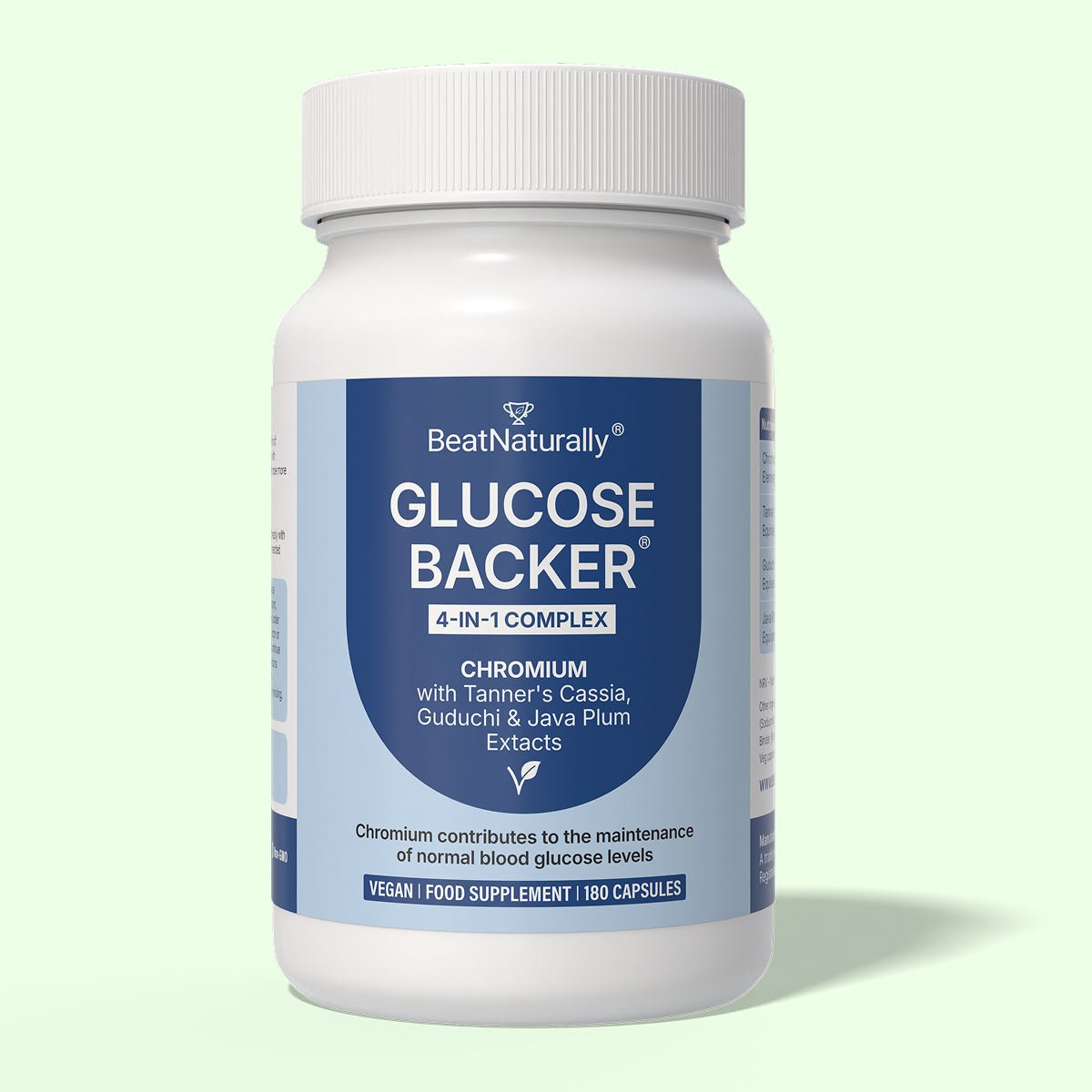 Glucose Backer Supplement bottle labeled 'Glucose Backer' on a light green background