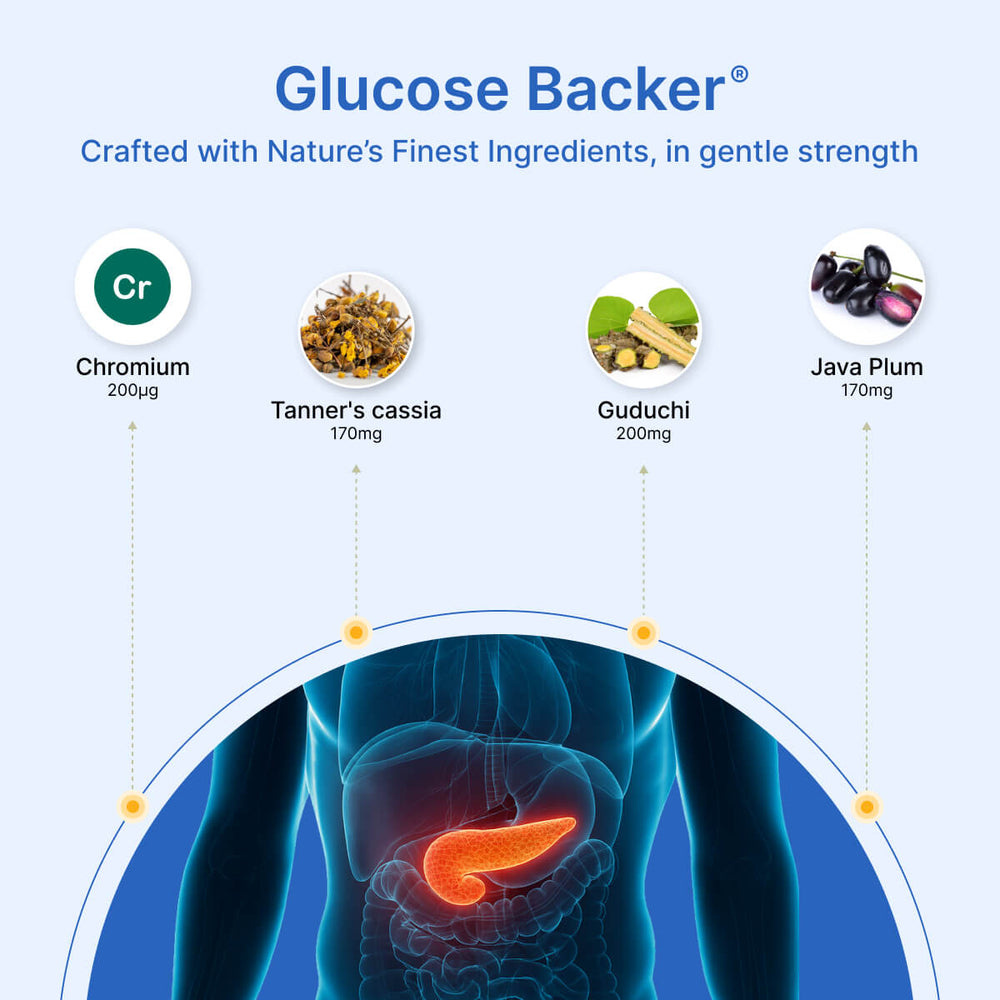 
                  
                    BeatNaturally's Glucose Backer supplement packaging with ingredients and a diagram of the pancreas on a light blue background.
                  
                