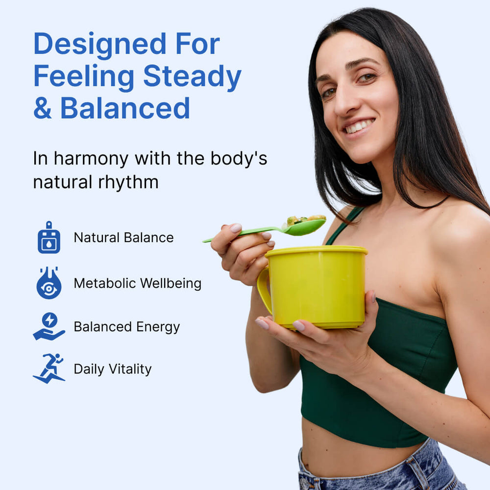 
                  
                    Woman holding a yellow cup and green spoon with text about BeatNaturally's Glucose Backer descriptors - natural balance, metabolic wellbeing, balanced energy and daily vitality.
                  
                
