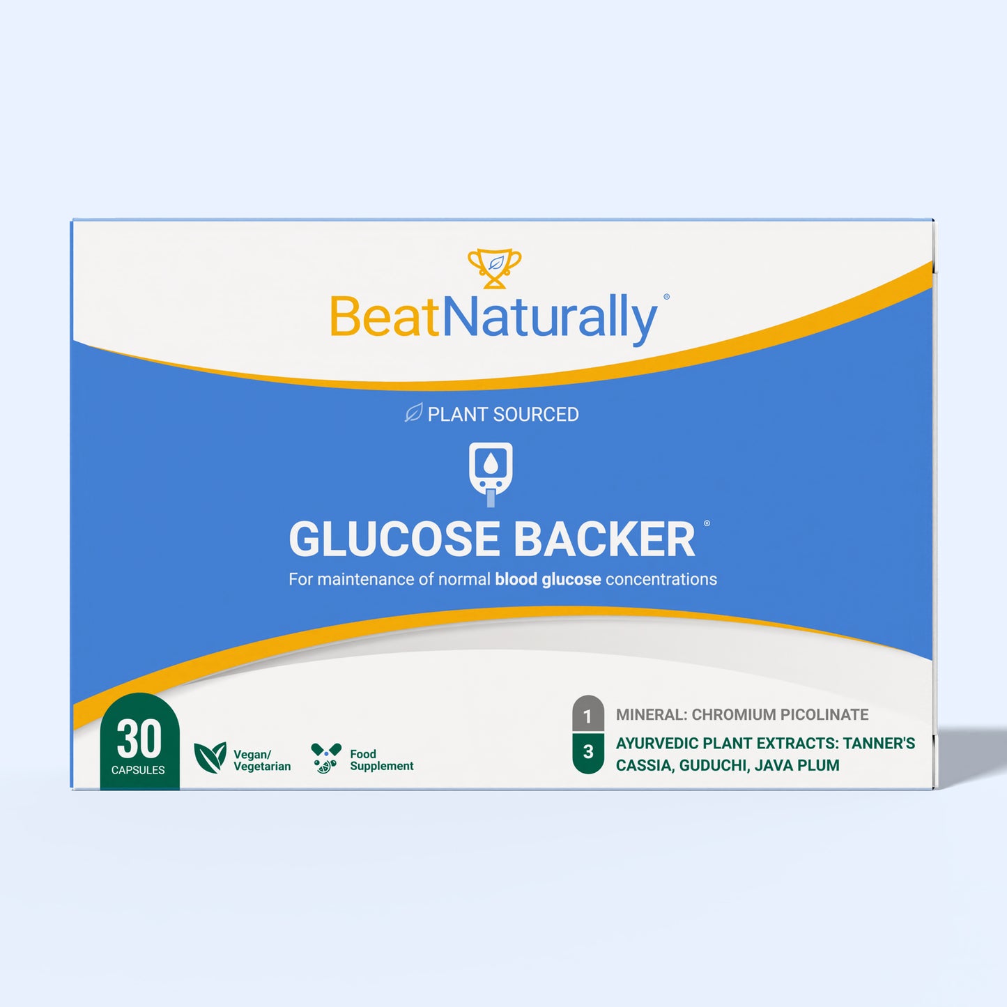 Box of BeatNaturally Glucose Backer supplement on a light blue background