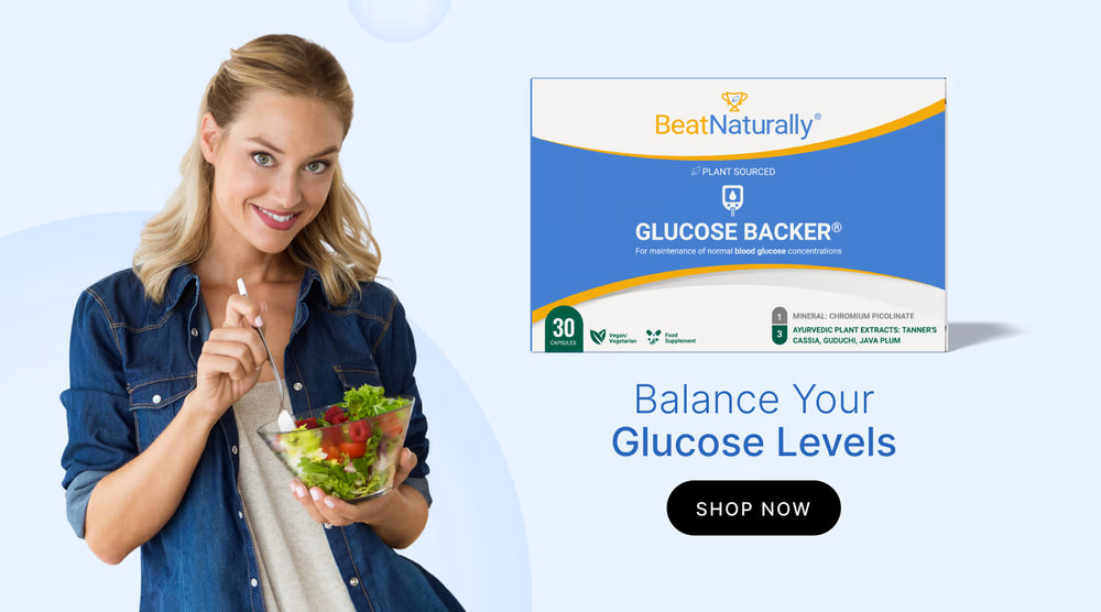 BeatNaturally Glucose Backer supplement promotion — mobile banner with woman holding a salad on light blue background.